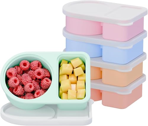 5 Pack Silicone Snack Containers with Lids -Soup Freezer Container molds-2 Compartments Leak Proof Snackle Boxes, Free Reusable Food Storage for Kids & Adults, Dishwasher Safe