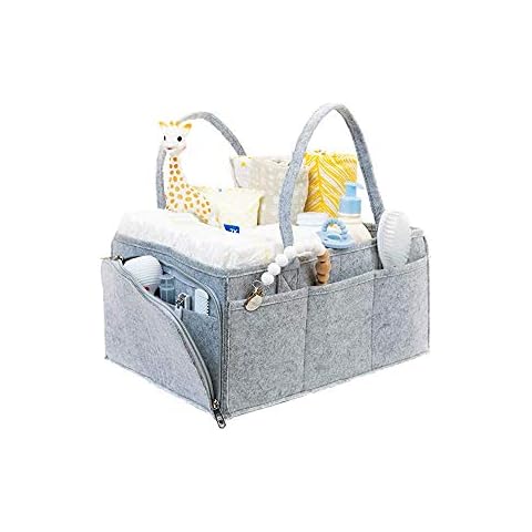 Baby Diaper Basket, Portable Nursery Storage Bin Felt Basket with Changeable Compartments, Car Travel Bag, Baby Wipes Bag Grey Cover