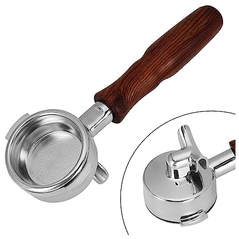 DIBTSA 58mm Espresso Portafilter Compatible with La Marzocco,Double Spouts 2 Ears, Stainless Steel Head and Filter Basket and Wood Handle Cover