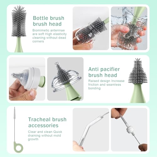 Image of Electric Bottle Brush Cleaner, Rechargeable Electric Baby Bottle Brush Cleaner with 2 Speeds, Silicone Bottle & Straw Brush, Waterproof Portable Baby Bottle Cleaner Kit for Travel & Home, Green