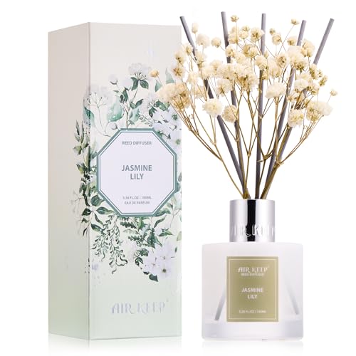 Image of Airkeep Reed Diffuser Set, 3.38 fl oz (100 ml) - Jasmine Lily Lemon Oil Diffusers with 8 Reed Sticks, Home Fragrance Reed Diffuser for Bathroom Shelf Decor