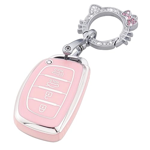 Image of Pangpai Pink Key Fob Cover for Hyundai, Soft TPU Key Case Protection with Bling Keychain Fit for lantra Ioniq Sonata Tucson Elantra GT