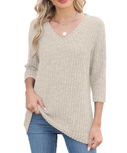 JomeDesign Womens Sweaters 3/4 Length Sleeve Casual Tunic Tops V Neck Fall Outfits Fashion Clothes 20252