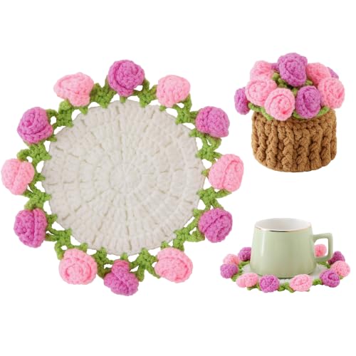 Crochet Flower Coasters, Handmade Bouquet Coasters with Crochet Plant Pot (Rose Pink, 1Pc)