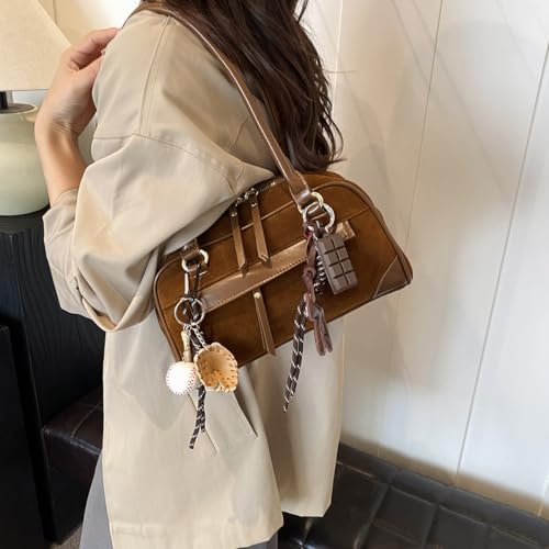 Suede Bag for Women 2025 Vintage Bowler Bag Y2k Shoulder Bag Brown Suede Fall Purse4