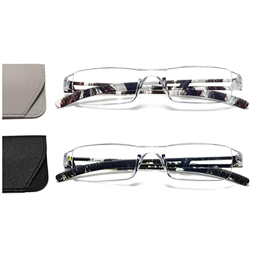 Hubeye 2 pares Gafas de Lectura Sin Montura Mujer Hombre Rectángulo Lector sin marco transparente anteojos anti luz azul con funda de cuero 2.00