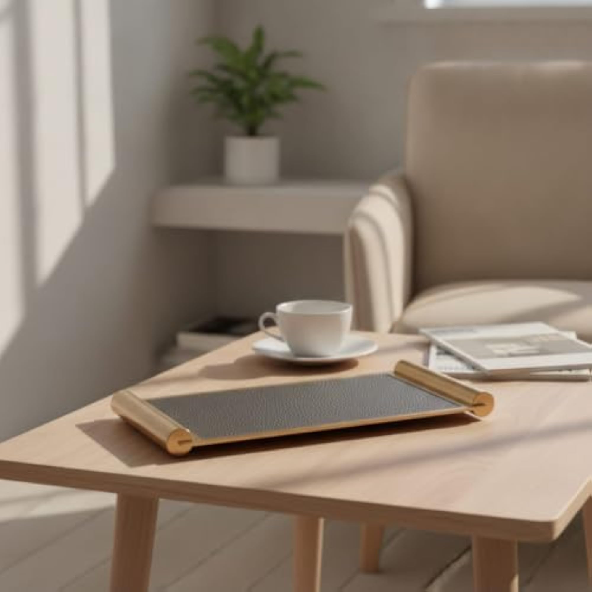 Textured Leather Tray with Metal Frame, Slim Rectangular Design