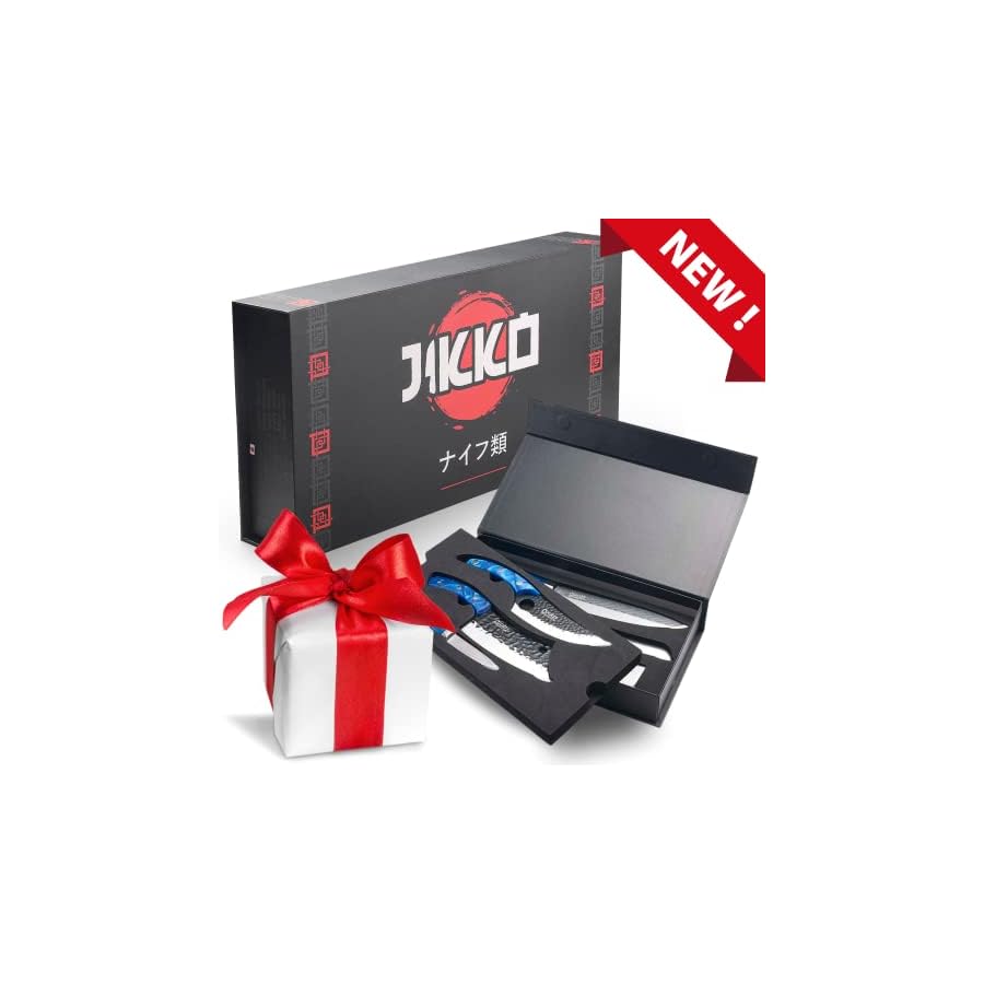 Jikko New Reinforced Carbon Steel Japanese Kitchen Knife Set – DiamondRazor Series – Ultra Sharp Japanese Knife Set & Chef Knife Set with Ocean Blue Handles – Professional Chef's Knives