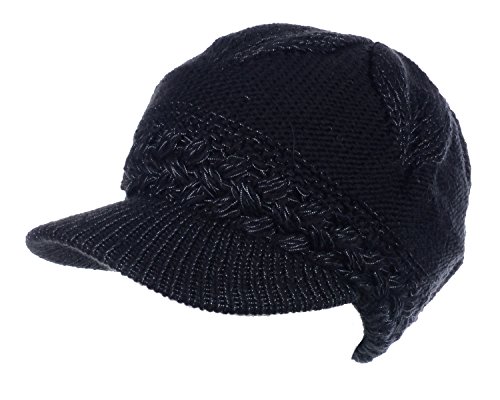 AN- Winter Fashion Knit Cap Hat for Women, Peaked Visor Beanie, Warm Fleece Lined,Many Styles (Black leaf)
