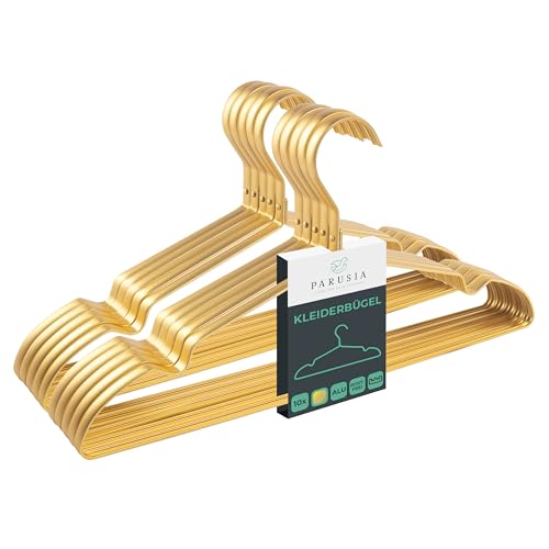 Parusia Kleiderbügel Gold 42cm breit 1cm stark Kleiderbügel Metall rostfrei formstabil zur platzsparenden Kleideraufbewahrung & Organisation von Kleiderschrank Kleiderständer (10)