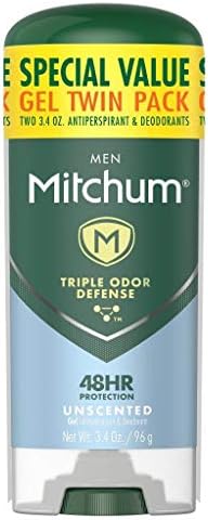 Men's Deodorant by Mitchum, Antiperspirant, Triple Odor Defense Gel Stick, 48 Hr Protection, Dermatologist Tested, Alcohol Free, Unscented, 3.4 Oz (Pack of 2)