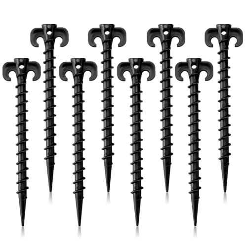 AUGSUN 8 Pack Plastic Tent Stakes Heavy Duty, Black Sand Stakes for Beach 7.5 Inch Screw in Tent Stakes Spiral Ground Anchors Tent Pegs Canopy Stakes for Inflatables Outdoor Camping Hiking Garden Lawn