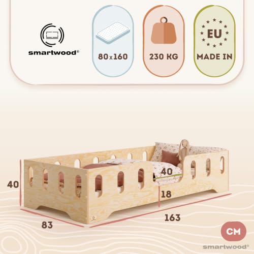 Miniatura 2 de Smartwood Cama Infantil 80x160 - Cama Montessori De Madera Certificada Fsc, Con Barandilla De Protección Y Somier Resistente Hasta 230 Kg - Para Niño Y Niña - Montaje Fácil - Tila 2