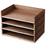 Yeaqee 4 Pcs Stackable Paper Tray Letter Tray Desktop Letter Size Wood Desk Organizer Office Wooden Desk Shelf Paper Holder Folder Organization Rack for Mail File Letter Document (Dark Wood Color)