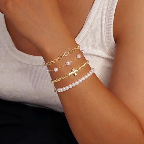 Pearl Bracelets for Women, 14K Gold Plated Beaded Jewelry Sets With Cross Charm Chain, Dainty Trendy Gifts2