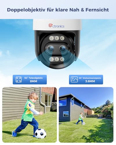 Ctronics [10X Hybrid Zoom 4K &Uuml;berwachungskamera Aussen Dual-Lens, Metal WLAN Kamera 2,4/5GHz, Auto Track&Zoom, Personen/Fahrzeug/Tiererkennung, FTP&NVR, 256GB TF/Cloud/PC, Farbnachtsicht, IP66
