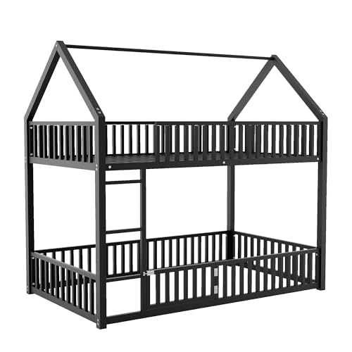 Image of Bellemave Metal Bunk beds Twin Over Twin, House Floor bunk Bed with guardrail and Door for Kids,Black