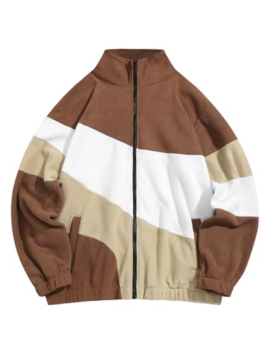 Image of ZAFUL Men's Casual Colorblock Sherpa Jacket Long Sleeve Full-Zip Teddy Coat Retro Style Fleece Shacket with Pockets
