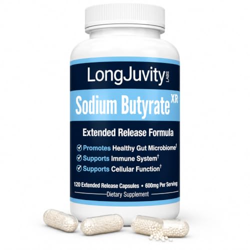 LongJuvity Labs Sodium Butyrate Supplement 300mg Microencapsulated Butyrate Capsules Extended Release Delivery Technology Gut Health Support 120 Capsules