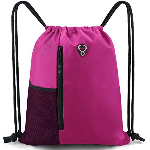 Image of BeeGreen Pink Cinch Sack Drawstring Backpack For Women With Water Bottle Pocket &Two Zippered Pocket Large Sports Gym Sackpack For Traveling Yoga Beach Outdoor