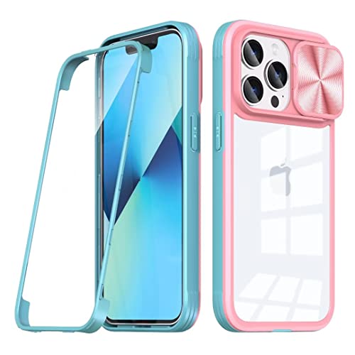 FMPCUON Funda Compatible con iPhone 13 Pro MAX,360 Full Protección Bumper Case Tapa Deslizante para la cámara Funda,Transparente TPU Silicona y PC Dura Protectora Case Rosa-Azul Cover