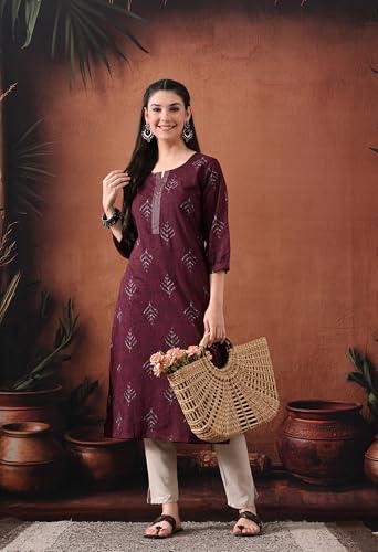 Image of Ichaa Women's Pure Cotton Embroidered Round-Neck Ethnic Kurta with 3 /4th Sleeve for Daily and Office Wear, in Plus Sizes