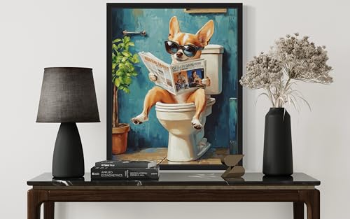 Image of Chihuahua on Toilet Black Framed Wall Art Print Poster, Dog Bathroom Humor Decor Posters Prints for Restroom Home Picture Painting Artwork Gallery 7 (Chihuahua, 10 inchL x 8 inchW, Black Frame)
