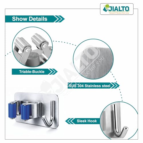 Image of JIALTO 3 Pcs Adhesive Mop Holder and Broom Holder Wall Mounted Stainless Steel | Heavy Duty Mop & Broom Organizer with Hooks | Adhesive Storage Rack for Kitchen & Bathroom (Blue, 3)