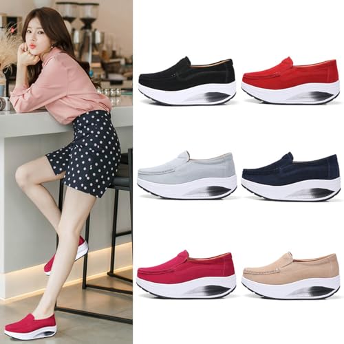 Image of Aceptolcom Women's Red Suede Platform Wedge Loafers, Casual Comfort Good Arch Support Slip On Shoes, Size 4.5-9.5