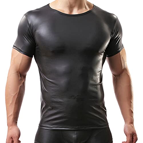 Men's Faux Leather VST Tight Sleeveless Tops Slim Fit Undershirt Clubwear