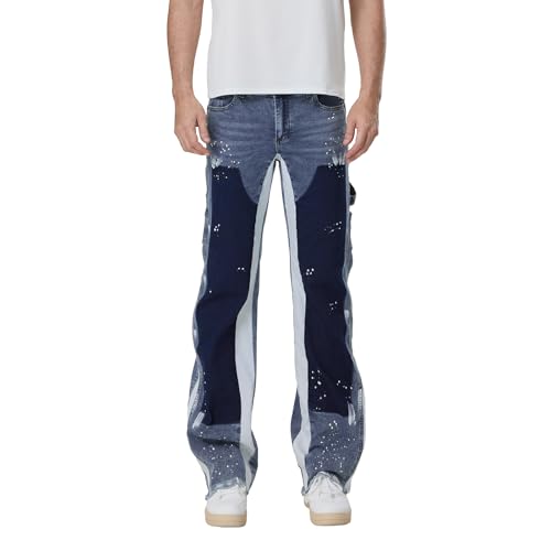 Men Patchwork Jeans Vintage Mid Rise Relaxed Fit Bootcut Denim Pants Casual Trousers Streetwear