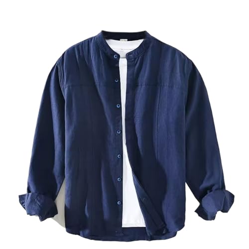 Chemise en coton et lin pour homme style Harajuku col chinois décontracté