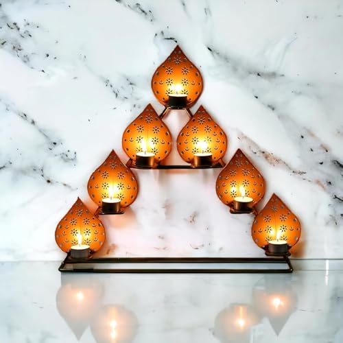 Image of METSY Stylish Metal Cutting Edge Candle Light Holder Leaf in Rectangular Shape | Metal Art | Home Decor Items (Golden Triangular) (Golden Triangular)