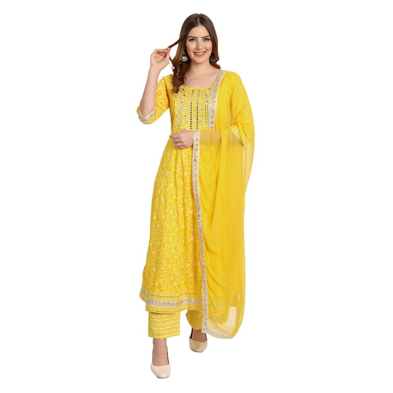 Image of NASRO Women's Viscose Rayon Printed Embroidered Round Neck 3 /4th Sleeves Anarkali Kurta & Pant Suit Set /Salwar Suit Set (Purple)