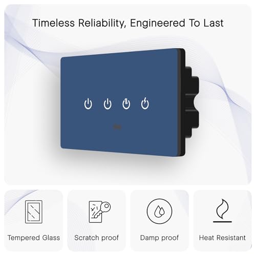 Image of IOTICS Smart Wifi Switch Board: 4 Switch with 1 x High Load (AC /Geyser) switch. Touch, Remote, App Control. Voice Compatible with Alexa & Assistant. Smart Touch Switch For Home Automation (Blue)