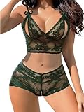 Lilosy Sexy Cupless Crotchless Women Floral Lace Pajamas Lingerie Set High Waist Sheer Sleepwear See Through Nightwear Bow Ties Cami Shorts Bra and Panty 2 Piece Army Green Large