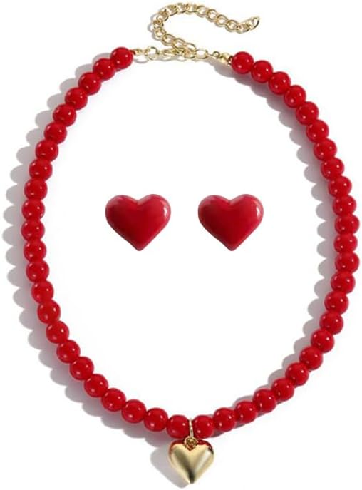 ONLYJUMP 2 Pairs Red Heart Necklace Earrings for Women Elegant Pearl Heart Choker Necklaces Fashion Wedding Party Prom Bride Bridesmaids Gift