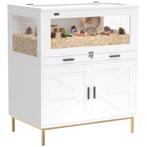 PawHut Hamster Cage with Storage Cabinet, Small Animal Cage with Pull Out Drawer and Acrylic Panels, Ventilated Large Guinea Pig Habitat for Bunny, Hedgehog, Gerbil, Rat, 30