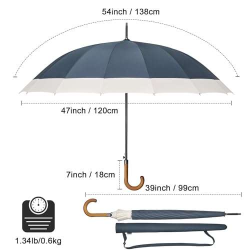 G4Free 54 Inch Auto Open Golf Umbrella 120cm Windproof 16 Ribs Stick Umbrella with Wooden J Handle Hook for Men Women