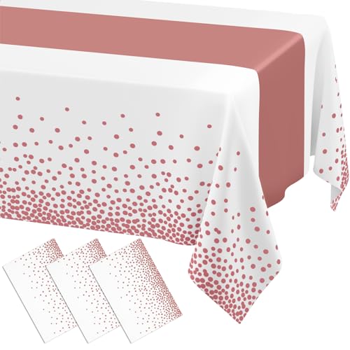 Image of Smiry Plastic Table Cloth Disposable 3 Pack, 54 x 108 Inch Rectangle Waterproof Tablecloth, Printed Gold Table Runner Style for Birthday Weeding, Party, Sturdy & Leakproof, Rose Gold and White
