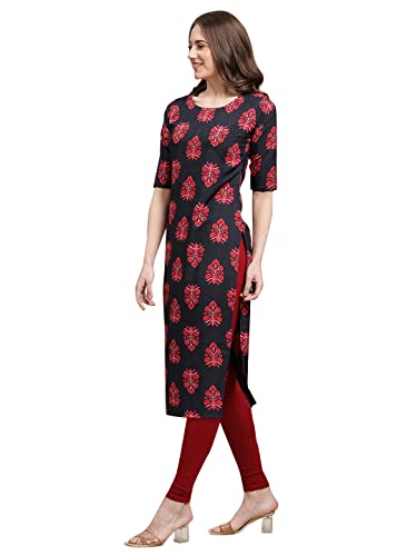 Image of Pinkmint Women's Crepe Black Color Floral Printed Straight Kurti(MD-530349)