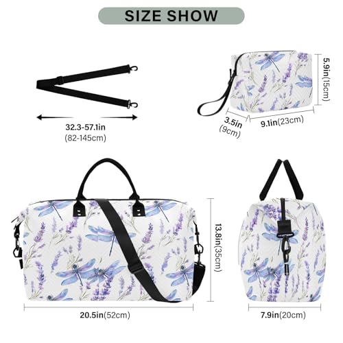 Dragonfly Lavender Blossom Large Travel Duffle Bag Weekender Overnight Bags Gym Yoga Bag for Women Men with Toiletry Bag3