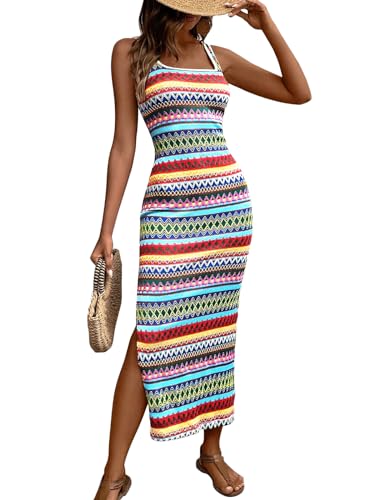 PRETTYGARDEN Tank Dress for Women 2025 Summer Casual Striped Maxi Dresses Fitted Square Neck Beach Vacation Bohemian Sundress
