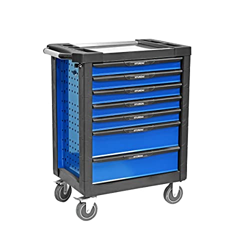 HYUNDAI Werkstattwagen Set 59007, Werkzeugwagen gefüllt mit Werkzeug, 258-teilig, 7 kugelgelagerte Schubladen Davon 5 bestückt, hochwertige Edelstahlplatte, abschließbar und mobil