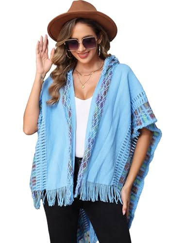 Women's Shawl Wraps Bohemian Casual Poncho Cape Tassel Sweater Open Front Cardigan Scarves with Hood