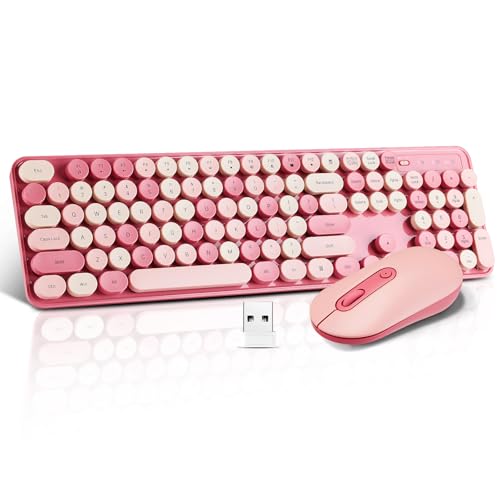Wireless Keyboard and Mouse Combo Full Size Compact Quiet Wireless Keyboard and Mouse Set 2.4G Ultra-Thin Sleek Design for Windows Desktop PC Notebook Laptop Round Keys Rose Pink Mixed Punk Color