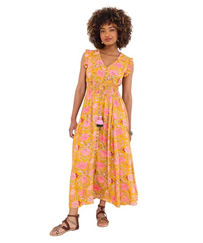 Joe Browns Women's Fashion Button Front Floral Print Tassel Maxi Dress, Regular Fit, Yellow, UK 18