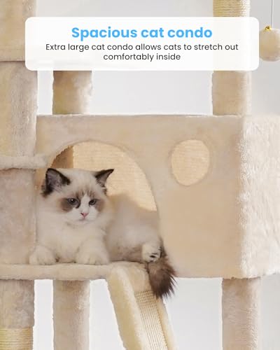 Hey-brother Kratzbaum, 134,6 cm, Katzenturm für Indoor-Katzen, Katzenhaus mit gepolstertem Plattformbett, Spielzeugbälle, großer gemütlicher Höhle, Hängematten und Sisal-Kratzbäume, Beige MPJ019-SM