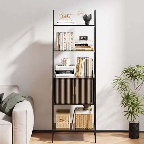 Image of LUVIOHOME 4 Tier Bookshelf with Drawer,Tall Narrow Bookcase with Shelves, Wood and Metal Bookshelves Storage Organizer,Industrial Display Standing for Living Room, Home Office, Entryway (Black)