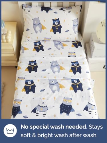 Image of Kids Twin Size Bear Bed Sheets - 3 Piece Kids Bear Sheet Set - Comic Hero Bedding - Ultra-Soft, Cute & Cozy - Breathable & Machine Washable - Wonderful Brave Bed Set for Boys, Girls, Teens & Toddlers